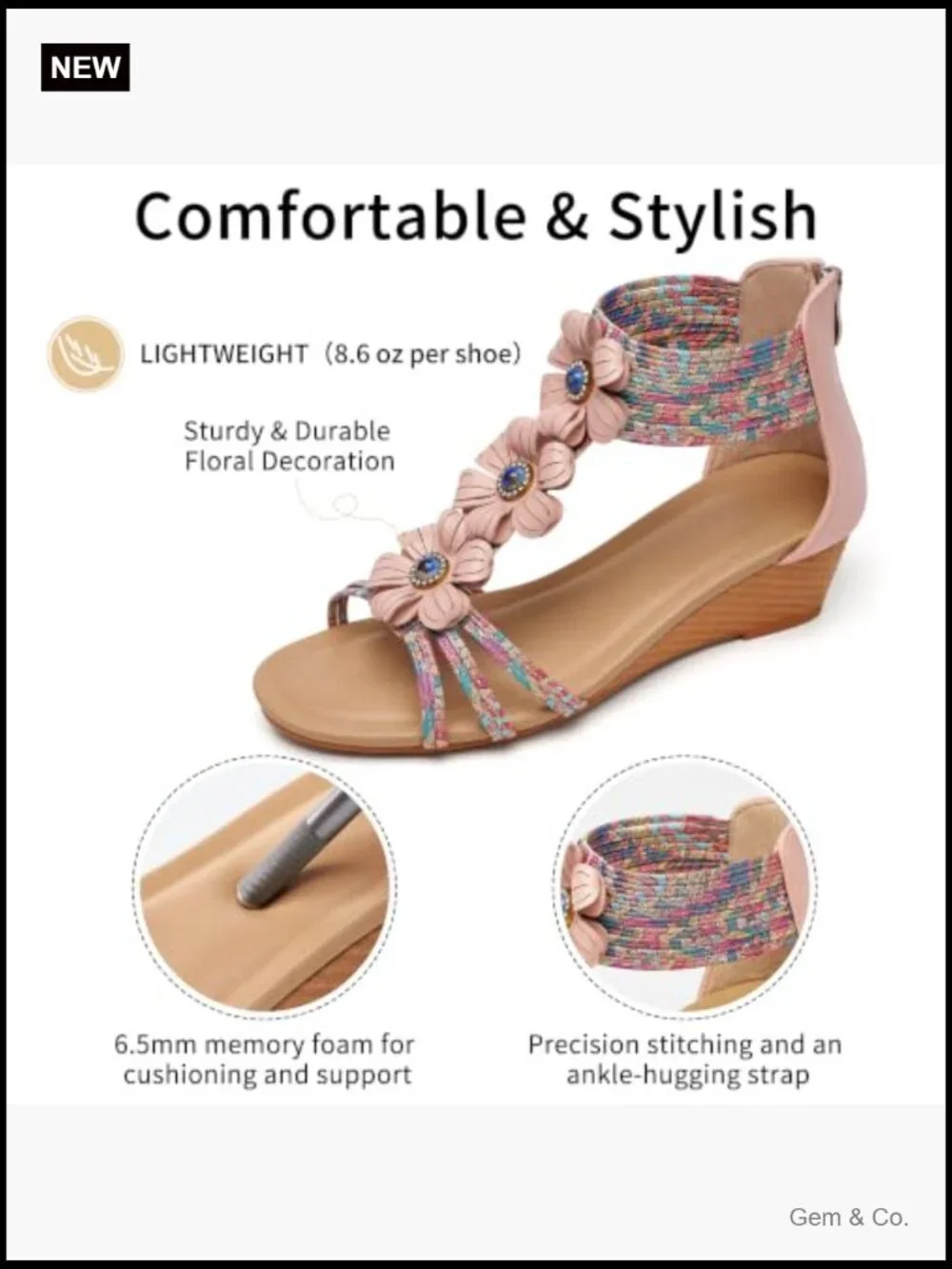 Wedge Sandals Open Toe Zipper Ankle Strap Cushion Insole